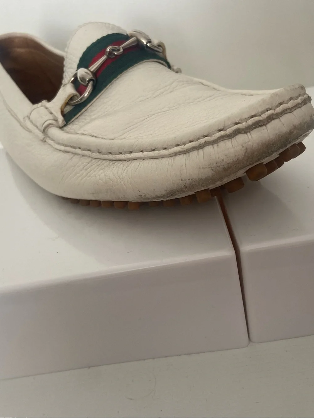 Authentic Gucci White Leather Men's Horsebit Loafers